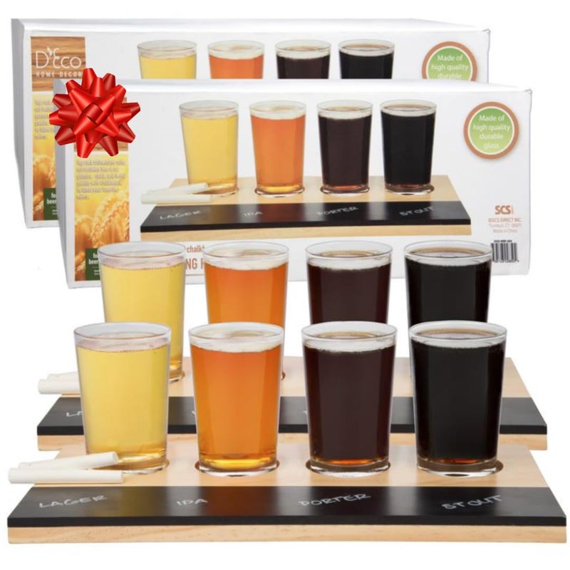 DECO Beer Tasting Flight Sampler Boards (2 Pack) - Set Includes Eight 6 oz Pilsner Craft Brew Glasses & 2 Wooden Chalkboards - Great for Football Games & Date Nights - Holiday Xmas Must Have Gift for Him - Image 1